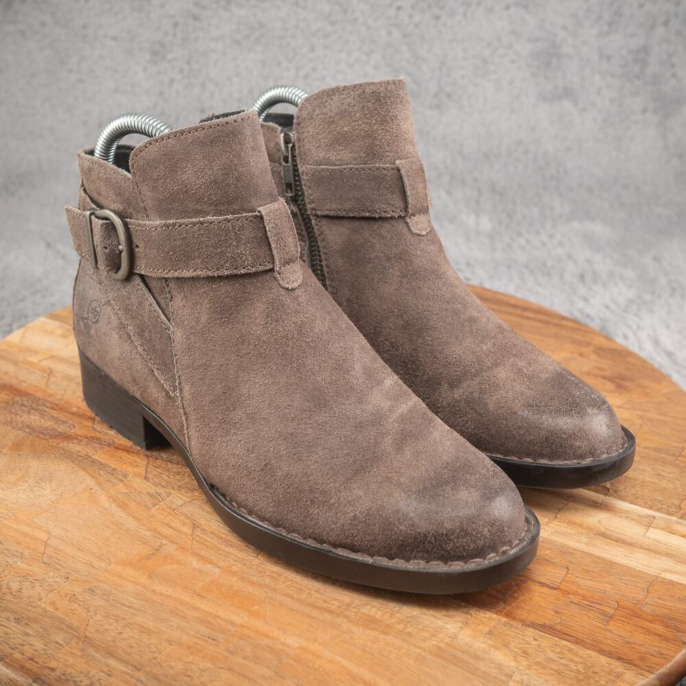 Born Jorgette Casual Ankle Booties Womens Size 6M Gray Nubuck Leather Zip Buckle